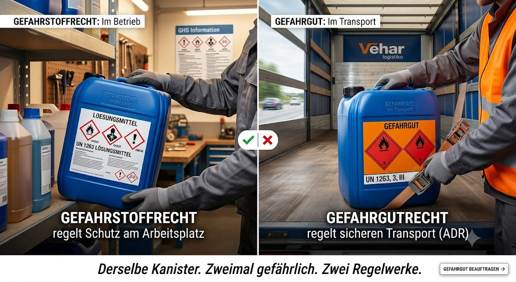 Gefahrgut im Transport und Gefahrstoff im Betrieb im Vergleich