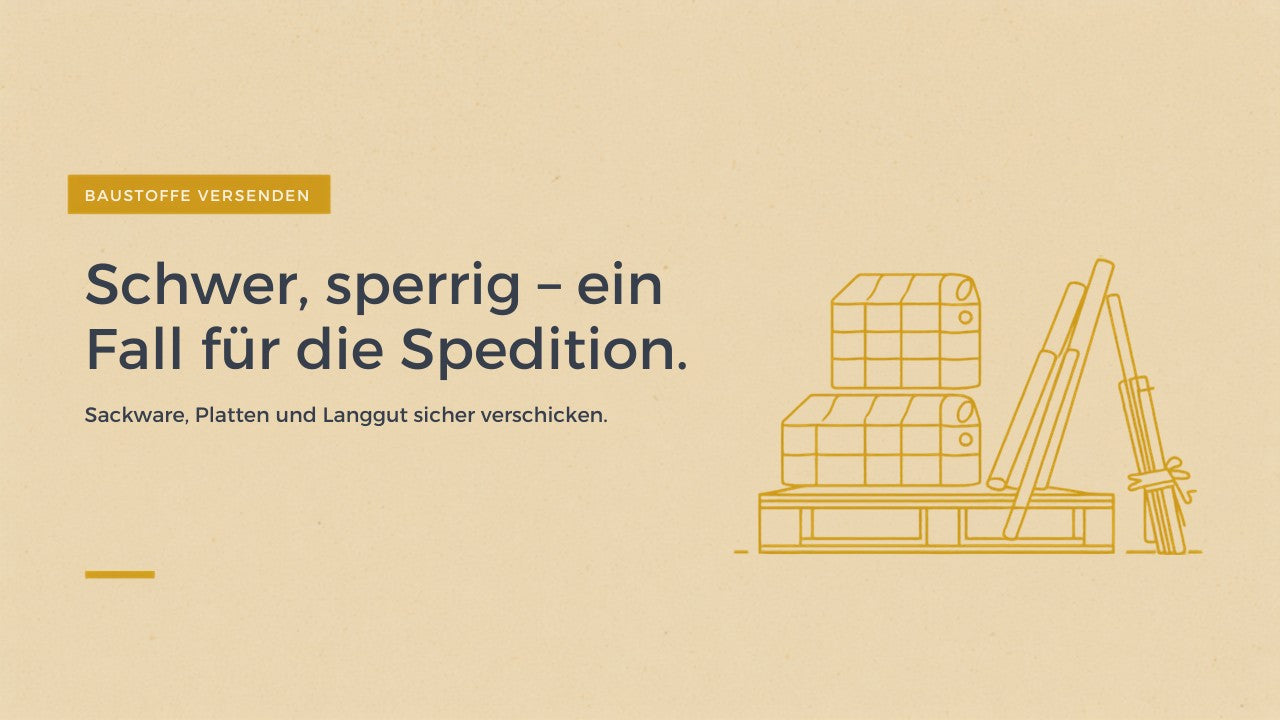 Titelbild Baustoffe versenden – Gold-Illustration einer beladenen Palette mit Sackware, Platten und einem Langgut-Bündel; Aussage: schwer, sperrig, ein Fall für die Spedition