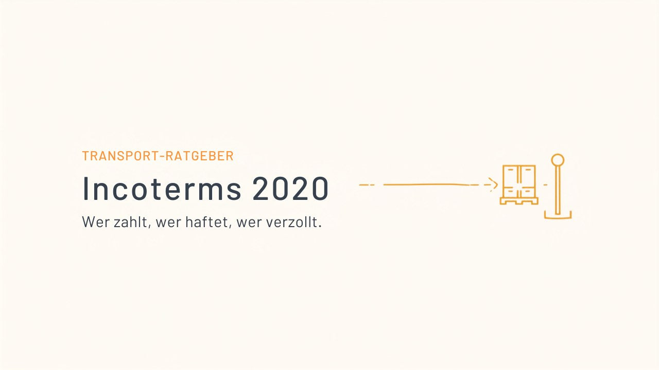 Titelbild Incoterms 2020 – gold gezeichnete Palette mit gestricheltem Transport-Routenpfeil und Grenzposten auf hellem Leinengrund; Aussage: wer zahlt, wer haftet, wer verzollt