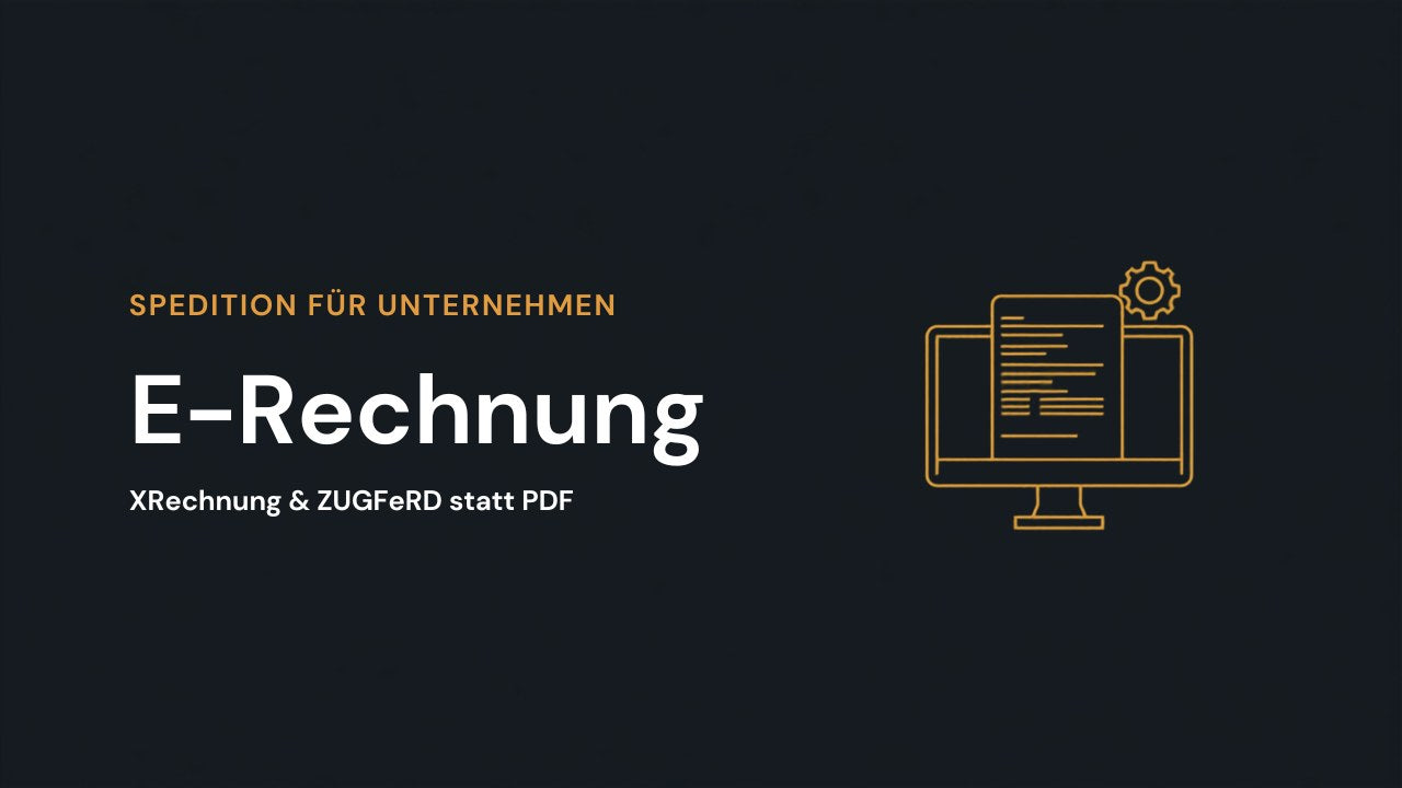 Titelbild E-Rechnung – Monitor mit strukturiertem Rechnungsdatensatz (XRechnung/ZUGFeRD) und Zahnrad-Symbol auf dunklem Grund; Aussage: eine PDF ist keine E-Rechnung, Vehar liefert das richtige Format aus Carlo