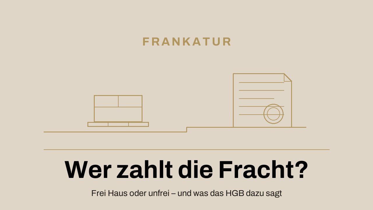 Gold-Linienzeichnung: Palette an der Bordsteinkante zwischen zwei Gebäuden, daneben ein Frachtbrief – frei Haus oder unfrei, wer zahlt die Fracht