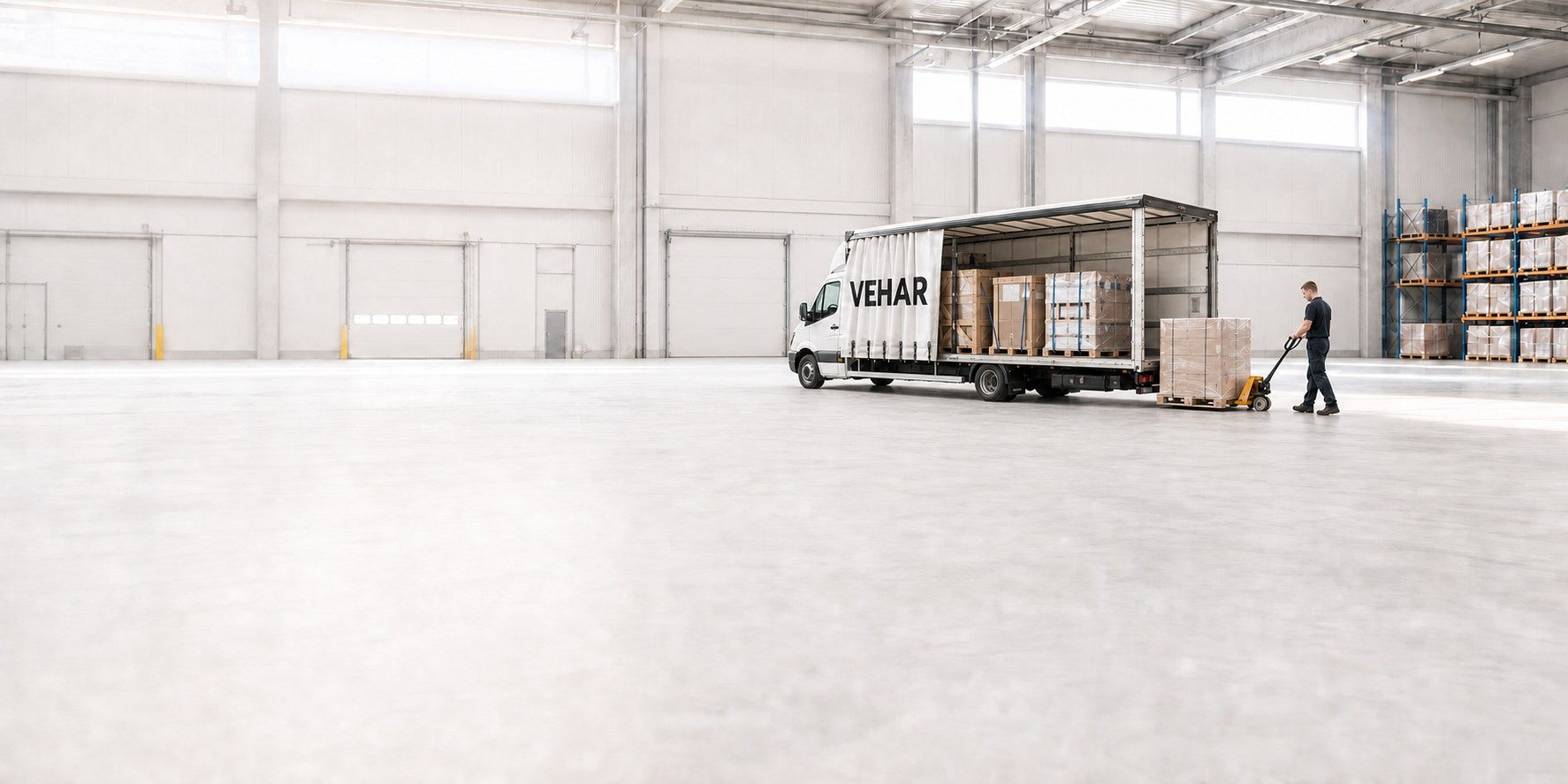 Vehar Transporter wird im Lager mit Palette beladen – Beiladung per Spedition deutschlandweit
