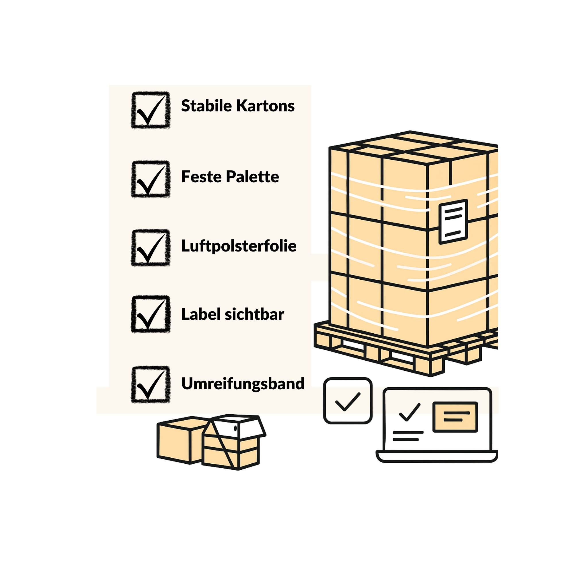 Checkliste für sicheren Palettenversand – stabile Kartons, Umreifungsband, Luftpolsterfolie