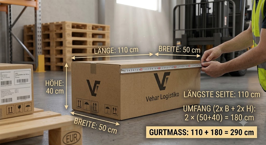 Gurtmaß eines Pakets messen – längste Seite plus Umfang