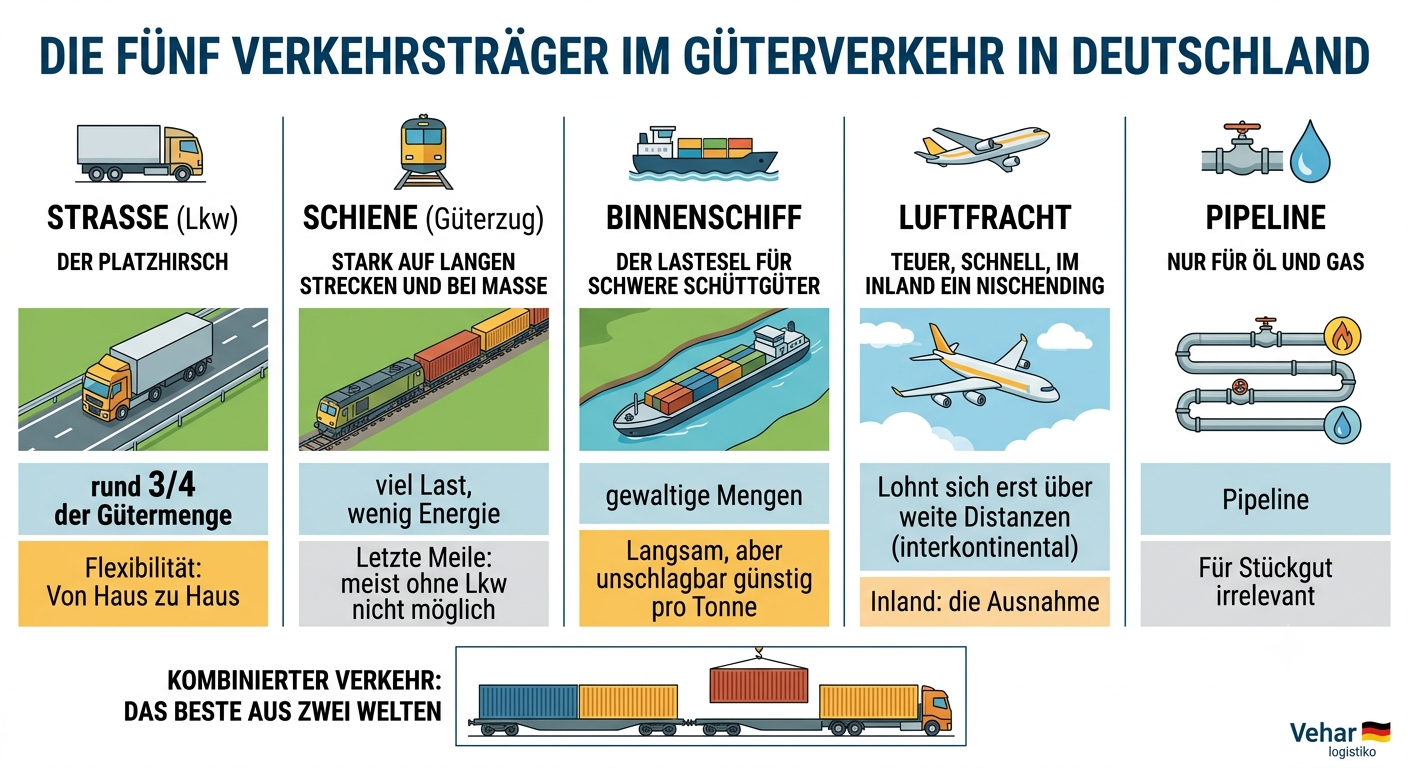 Infografik: die fünf Verkehrsträger im deutschen Güterverkehr – Straße, Schiene, Binnenschiff, Luftfracht, Pipeline