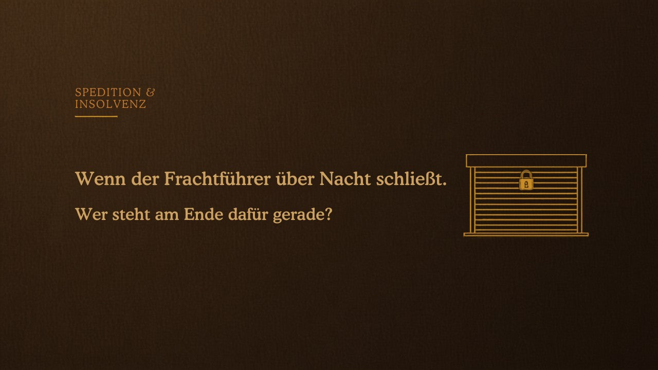 Titelbild Spedition & Insolvenz – geschlossenes Rolltor mit Vorhängeschloss auf dunklem Grund und die Frage, wer geradesteht, wenn der Frachtführer über Nacht schließt