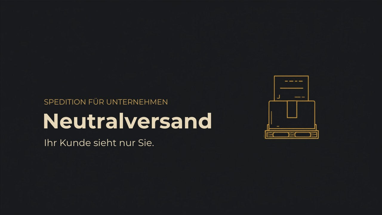 Titelbild Neutralversand – gold gezeichneter Karton auf einer Palette mit neutralem Lieferschein ohne Absender-Logo auf dunklem Grund; Aussage: der Empfänger sieht nur den Händler, nicht den Vorlieferanten