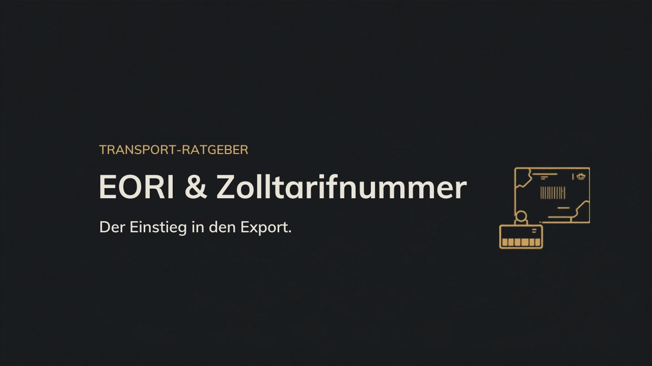 Titelbild EORI und Zolltarifnummer – gold gezeichnetes Zoll-/Exportdokument mit Barcode und Stempel auf dunklem Grund; Aussage: zwei Nummern, ohne die im Export nichts geht