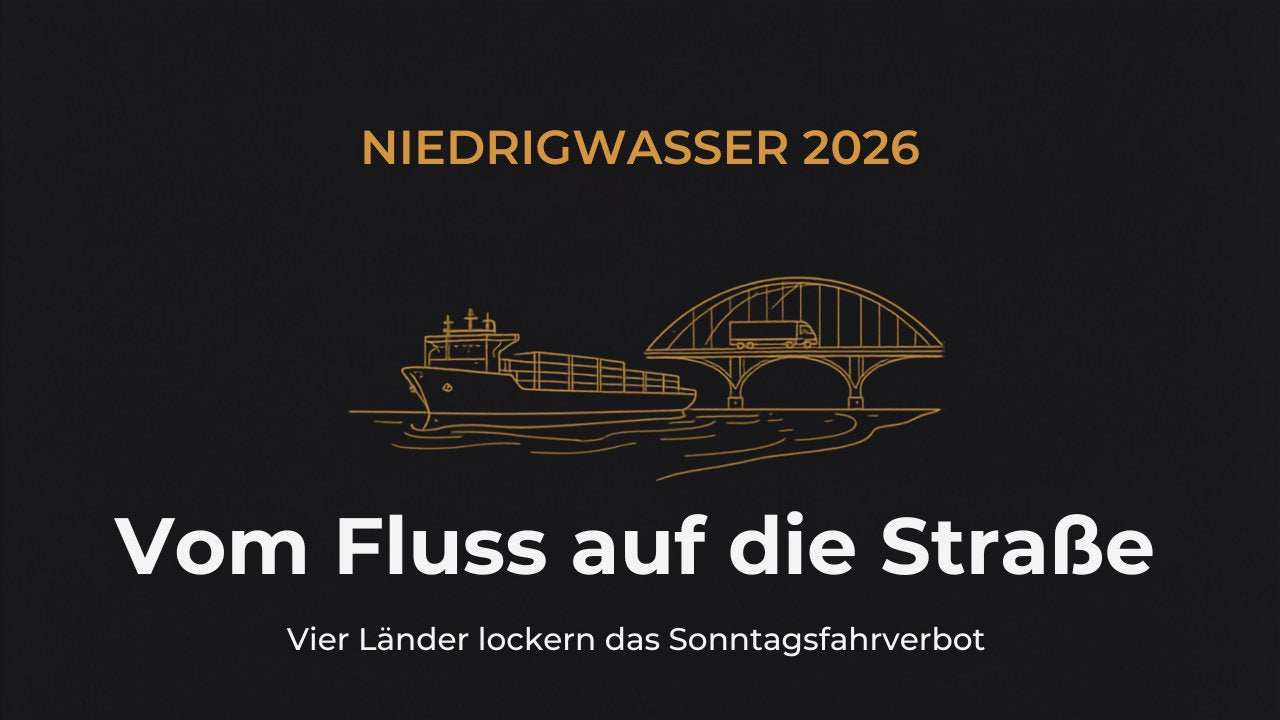 Gold-Linien-Illustration auf dunklem Grund: ein Frachtschiff auf dem Fluss, daneben eine Brücke, über die ein Lkw fährt – Güter wechseln von der Wasserstraße auf die Straße