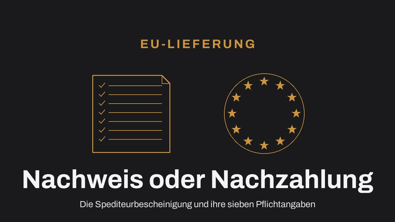 Gold-Linienzeichnung: Nachweisdokument mit siebenteiliger Häkchen-Checkliste neben dem EU-Sternenkreis – Spediteurbescheinigung als Nachweis der steuerfreien EU-Lieferung