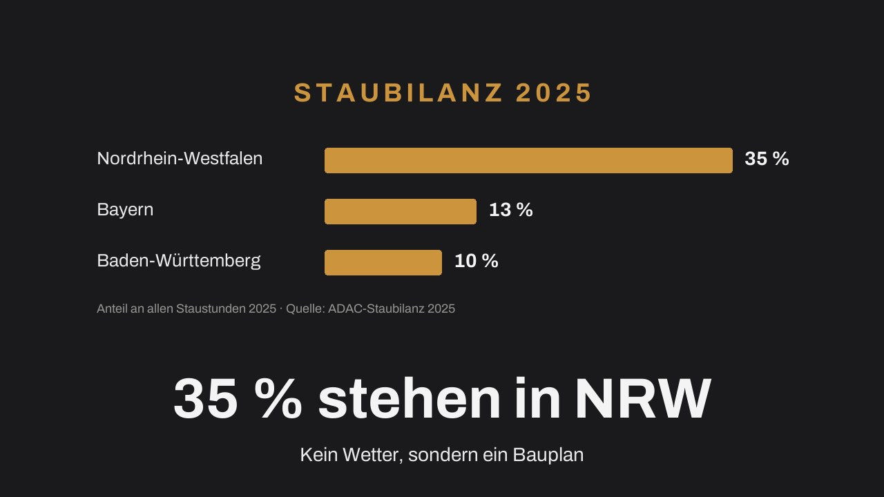 Balkendiagramm der Staustunden nach Bundesland 2025: Nordrhein-Westfalen 35 Prozent, Bayern 13 Prozent, Baden-Württemberg 10 Prozent – was der Stau den Versand kostet