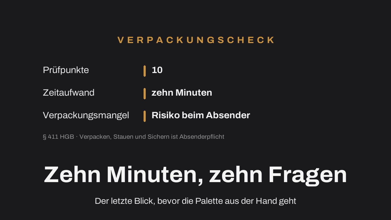 Übersicht zum Verpackungscheck: zehn Prüfpunkte, zehn Minuten Zeitaufwand, ein Verpackungsmangel bleibt Risiko des Absenders