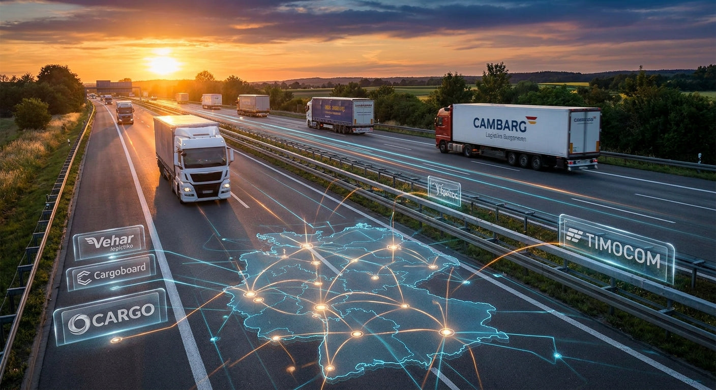 Visualisierung des Vehar logistiko vs. Cargoboard vs. OCARGO vs. TIMOCOM: Der große Logistikanbieter-Vergleich 2025 auf einer modernen digitalen Karte Deutschlands.