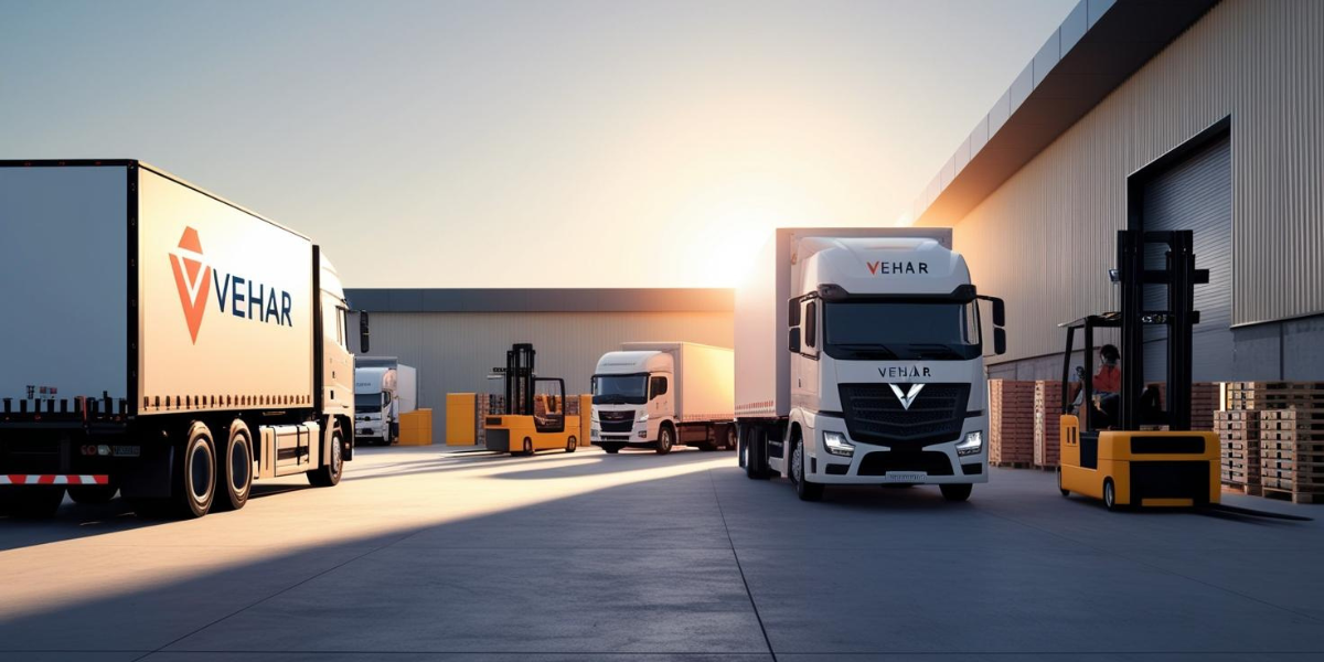 Spedition Vehar LKW vor Lagerhalle bei Sonnenuntergang – moderner Transportdienstleister
